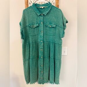 Umgee Green Button-Up Shirt Dress